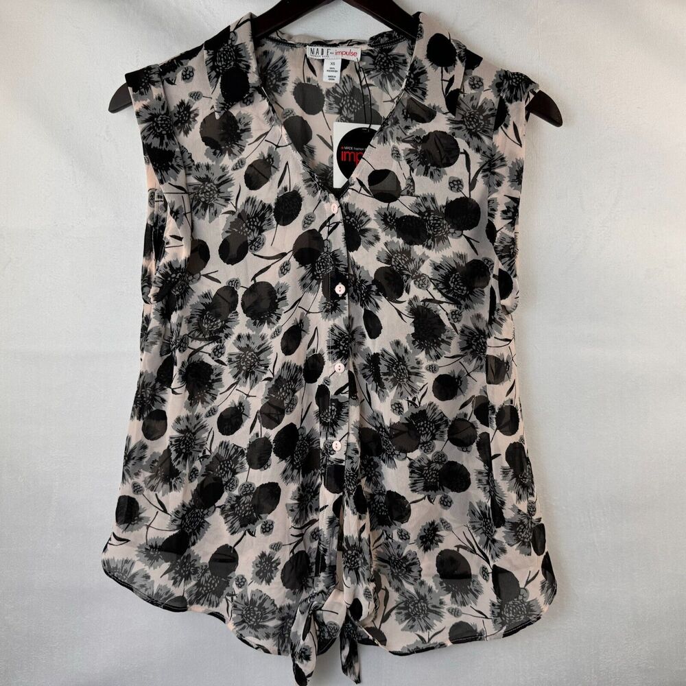 Made Fashion Week for Impulse Sheer Top Sz XS Collar VNeck cap sleeve pink black